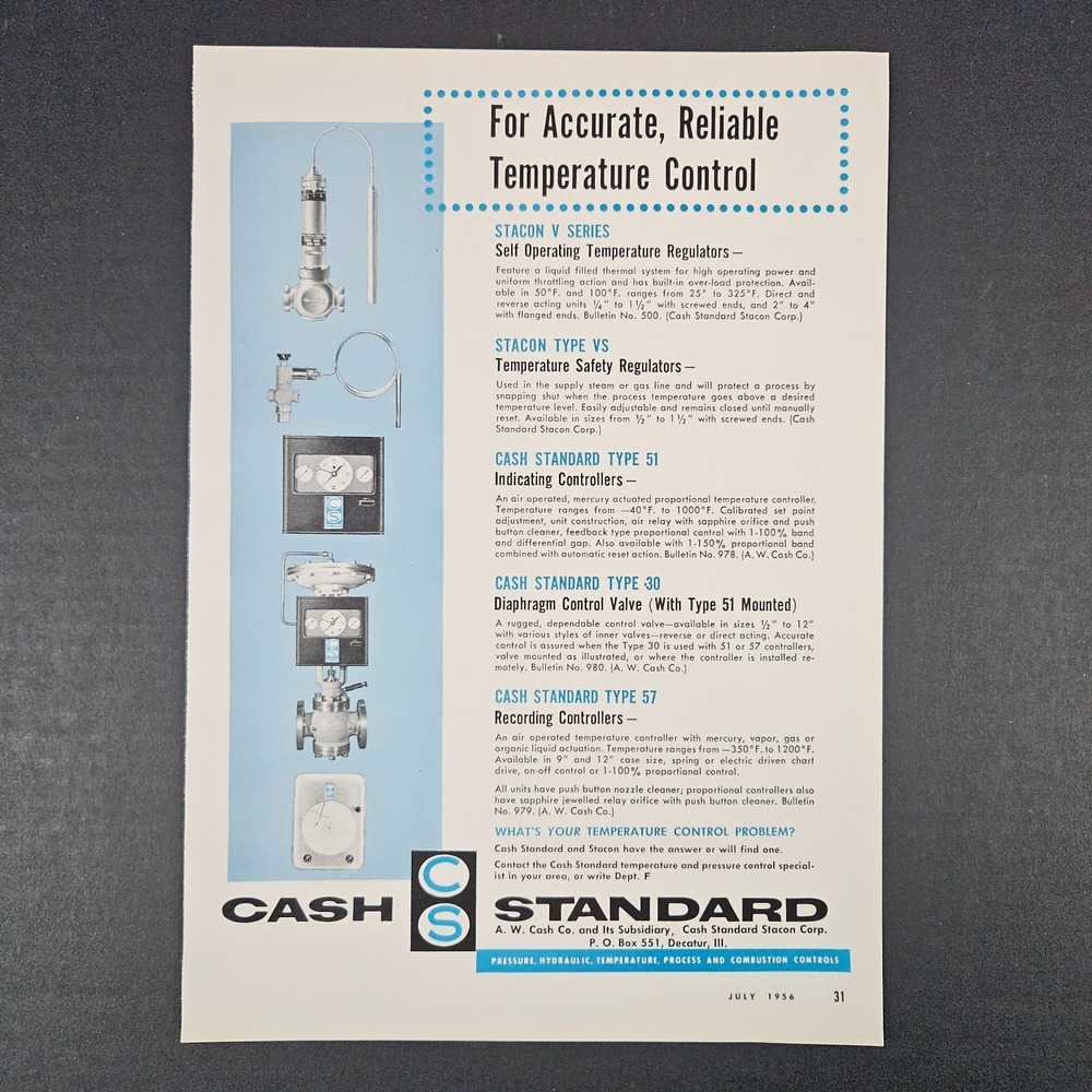 1956 Cash Standard Temperature Controllers Vintage Print Ad Decatur IL Pressure